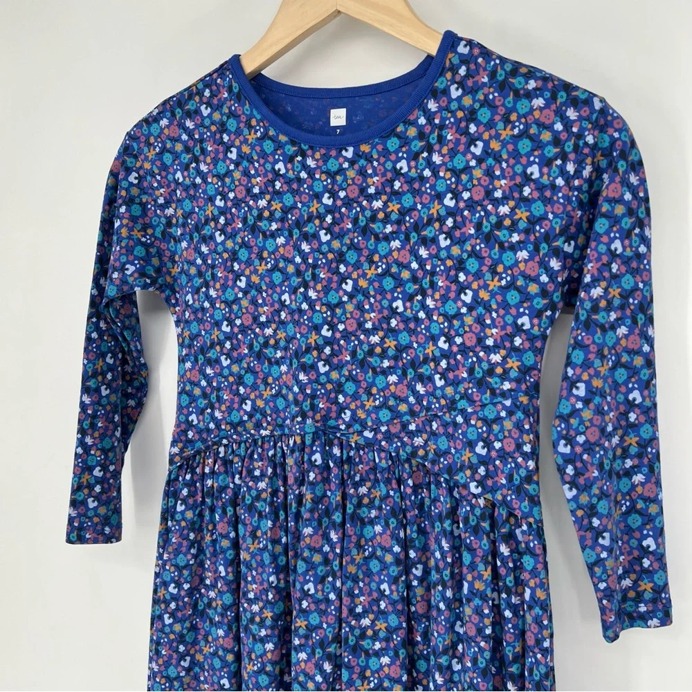 Tea Collection Vibrant‎ Floral Blue Purple Long Sleeve Kids Dress Sz 7